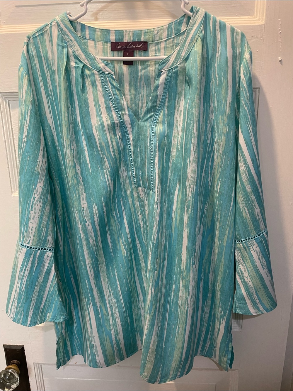 Aqua & White Striped V-Neck Tunic Top, Bohemian, XL